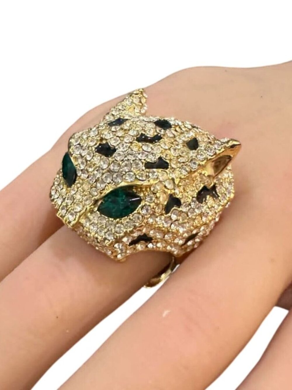 Leopard Statement Ring Gold Tone Black Enamel Green Eyes Size 8.5 Cocktail